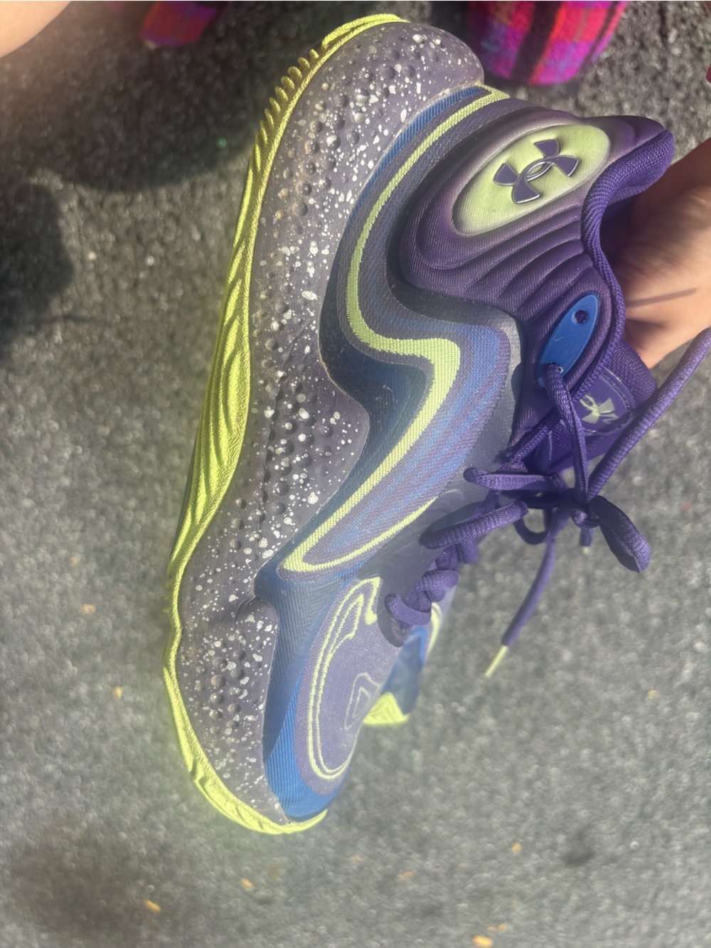 Under Armour Purple and Neon Yellow-Green Kids Basketball Sneakers